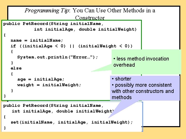 Programming Tip: You Can Use Other Methods in a Constructor public Pet. Record(String initial.