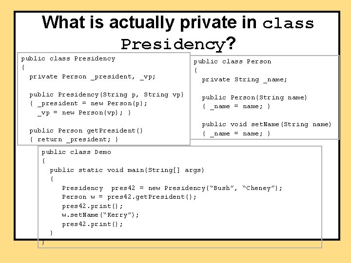 What is actually private in class Presidency? public class Presidency { private Person _president,