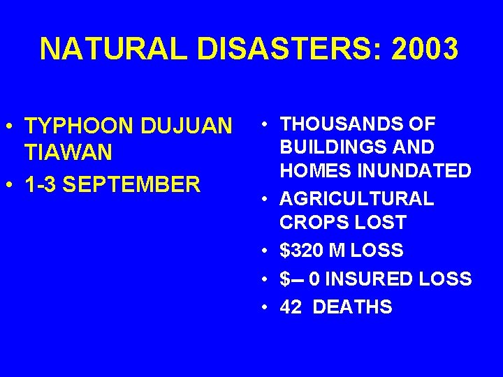  NATURAL DISASTERS: 2003 • TYPHOON DUJUAN • THOUSANDS OF BUILDINGS AND TIAWAN HOMES