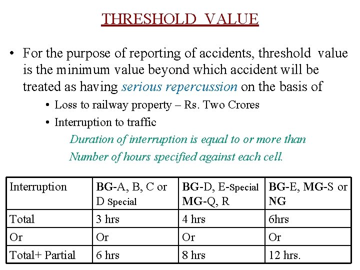 THRESHOLD VALUE • For the purpose of reporting of accidents, threshold value is the