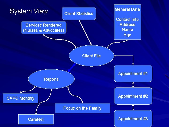 System View Client Statistics General Data Contact Info Address Name Age Services Rendered (Nurses