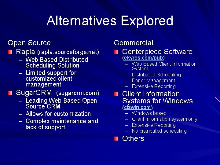 Alternatives Explored Open Source Rapla (rapla. sourceforge. net) – Web Based Distributed Scheduling Solution