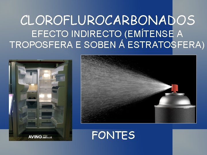 CLOROFLUROCARBONADOS EFECTO INDIRECTO (EMÍTENSE A TROPOSFERA E SOBEN Á ESTRATOSFERA) FONTES 