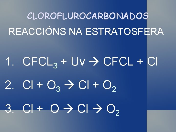 CLOROFLUROCARBONADOS REACCIÓNS NA ESTRATOSFERA 1. CFCL 3 + Uv CFCL + Cl 2. Cl