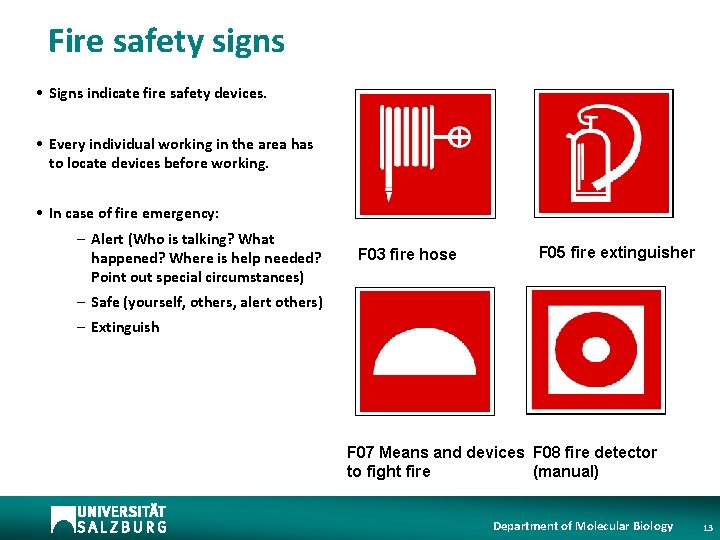 Fire safety signs • Signs indicate fire safety devices. • Every individual working in