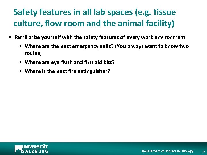 Safety features in all lab spaces (e. g. tissue culture, flow room and the