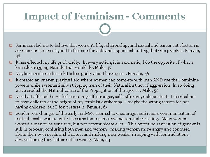 Impact of Feminism - Comments q Feminism led me to believe that women's life,