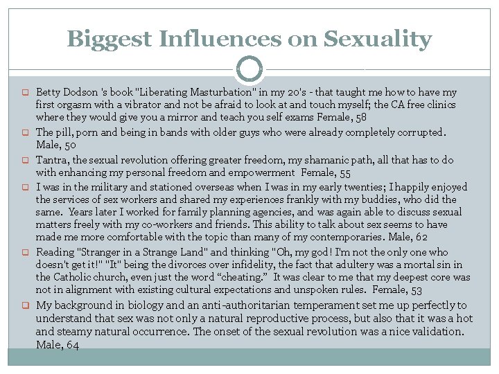 Biggest Influences on Sexuality q Betty Dodson 's book "Liberating Masturbation" in my 20's