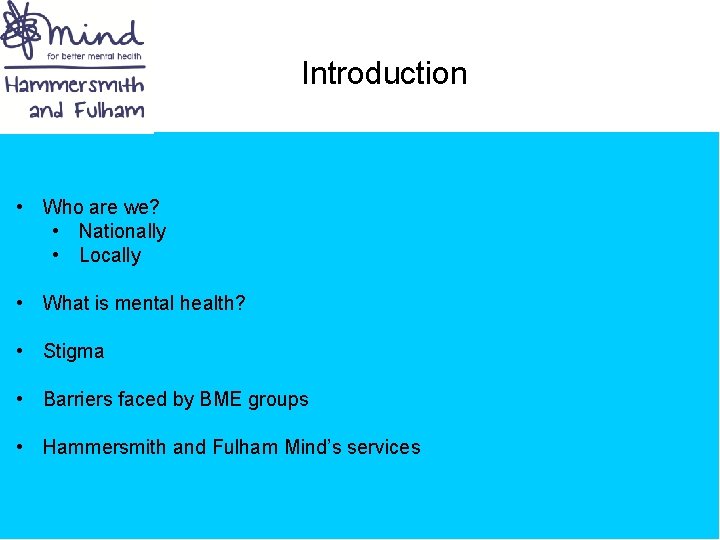 Introduction • Who are we? • Nationally • Locally • What is mental