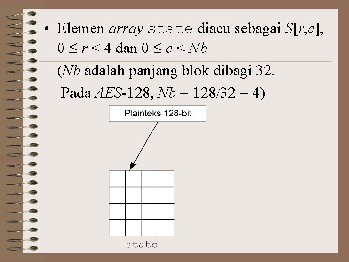  • Elemen array state diacu sebagai S[r, c], 0 r < 4 dan