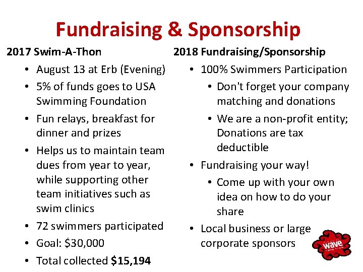 Fundraising & Sponsorship 2017 Swim-A-Thon 2018 Fundraising/Sponsorship • August 13 at Erb (Evening) •