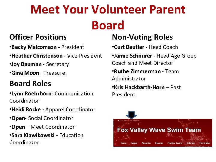 Meet Your Volunteer Parent Board Officer Positions Non-Voting Roles • Becky Malcomson - President