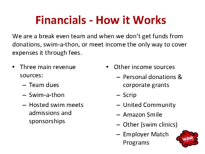 Financials - How it Works We are a break even team and when we