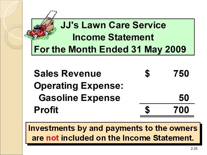 Investments by and payments to the owners are not included on the Income Statement.