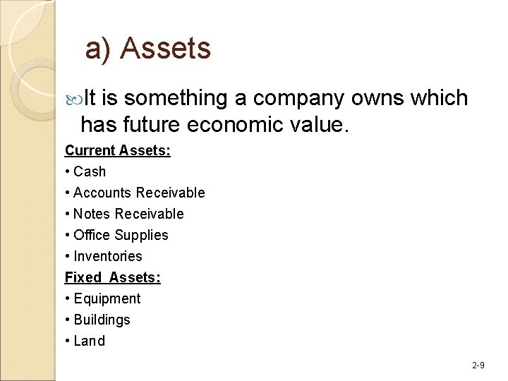 a) Assets It is something a company owns which has future economic value. Current