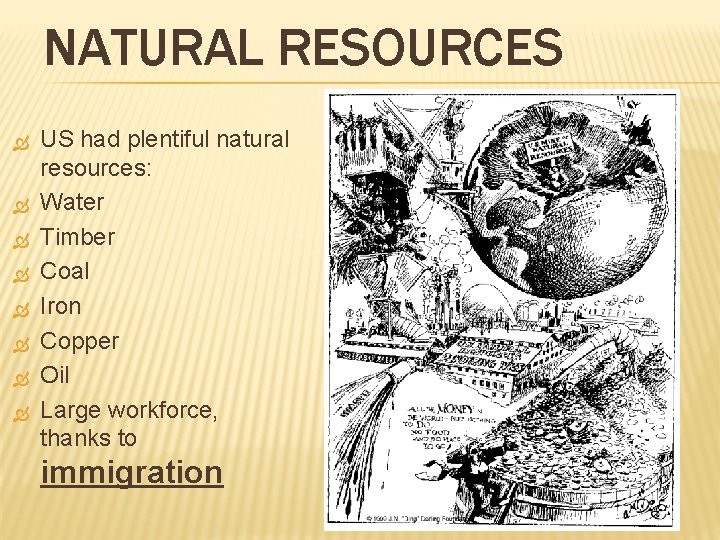 NATURAL RESOURCES US had plentiful natural resources: Water Timber Coal Iron Copper Oil Large