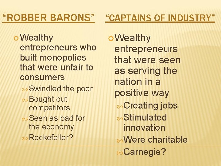 “ROBBER BARONS” “CAPTAINS OF INDUSTRY” Wealthy entrepreneurs who built monopolies that were unfair to