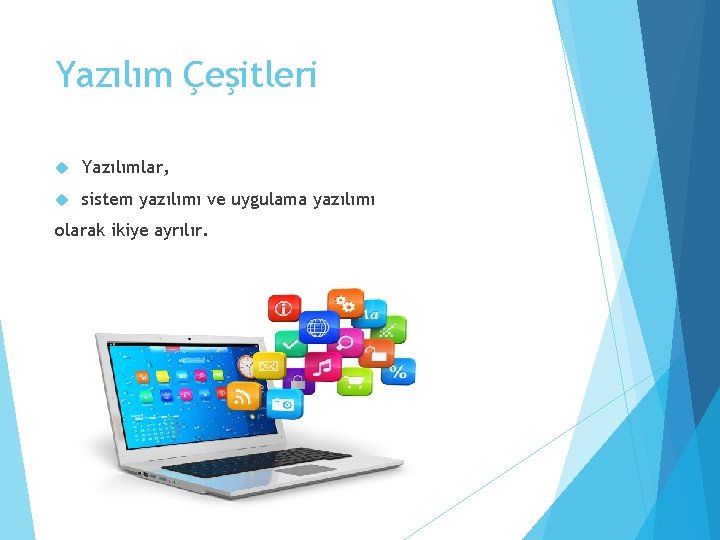 Yazılım Çeşitleri Yazılımlar, sistem yazılımı ve uygulama yazılımı olarak ikiye ayrılır. 