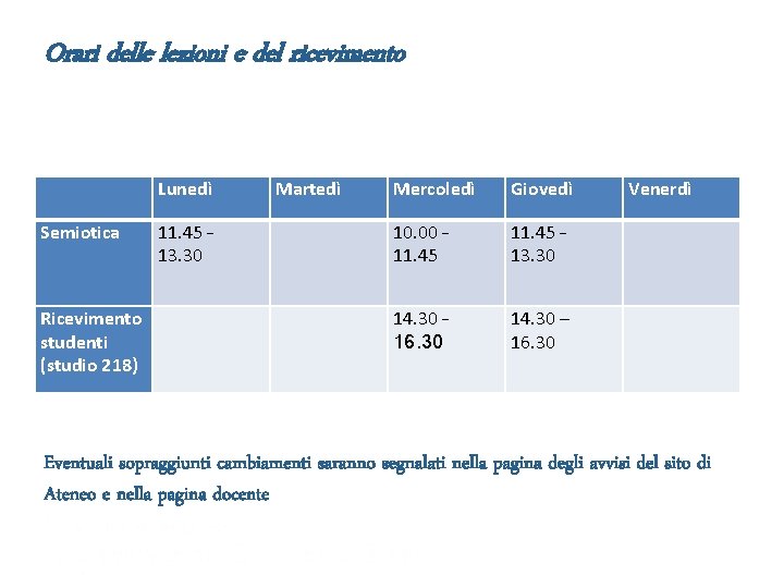 Orari delle lezioni e del ricevimento Lunedì Martedì Mercoledì Giovedì Venerdì Semiotica 11. 45