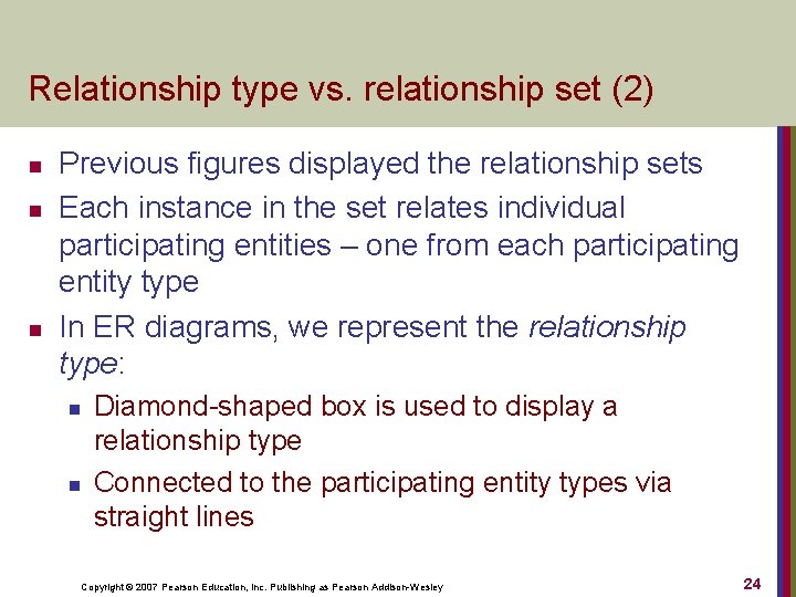 Relationship type vs. relationship set (2) n n n Previous figures displayed the relationship