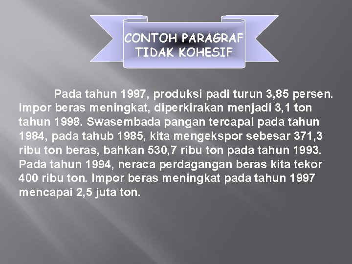 CONTOH PARAGRAF TIDAK KOHESIF Pada tahun 1997, produksi padi turun 3, 85 persen. Impor
