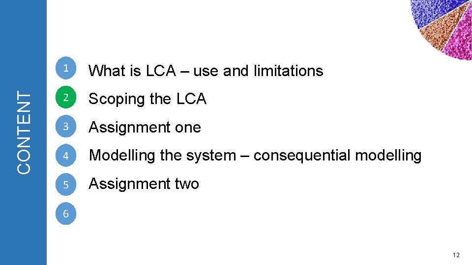 CONTENT 1 What is LCA – use and limitations 2 Scoping the LCA 3 CONTENT 1 What is LCA – use and limitations 2 Scoping the LCA 3