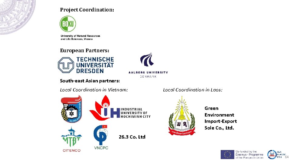 Project Coordination: European Partners: South-east Asian partners: Local Coordination in Vietnam: Local Coordination in Project Coordination: European Partners: South-east Asian partners: Local Coordination in Vietnam: Local Coordination in
