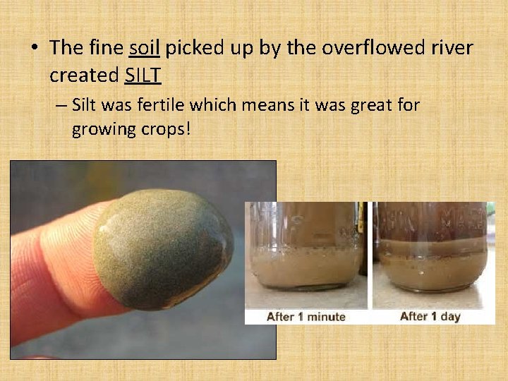 • The fine soil picked up by the overflowed river created SILT –  • The fine soil picked up by the overflowed river created SILT –