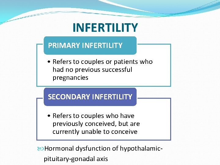 INFERTILITY PRIMARY INFERTILITY • Refers to couples or patients who had no previous successful