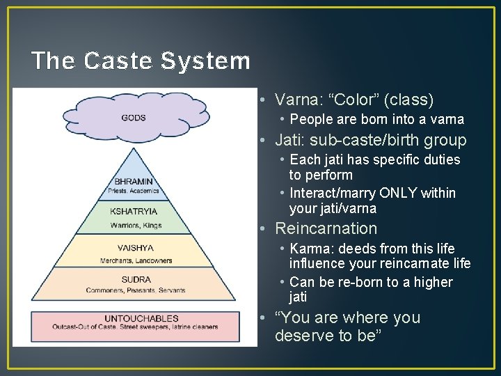 The Caste System • Varna: “Color” (class) • People are born into a varna
