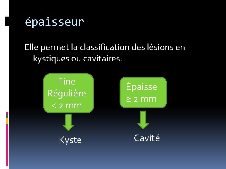 épaisseur Elle permet la classification des lésions en kystiques ou cavitaires. Fine Régulière <
