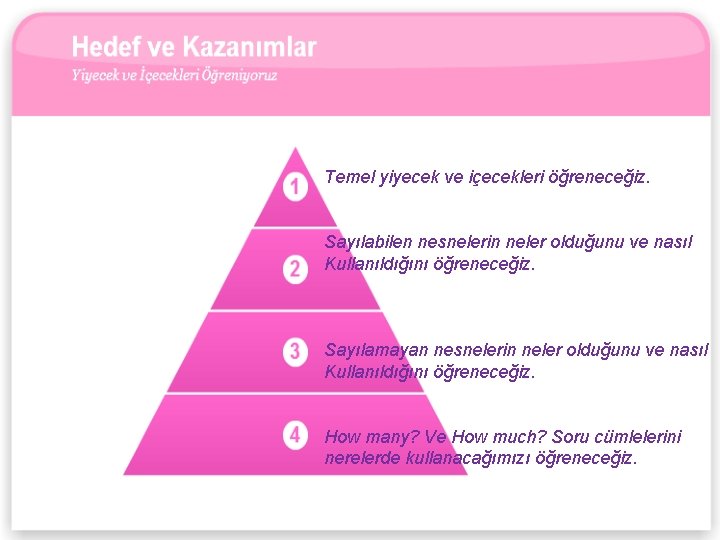 Temel yiyecek ve içecekleri öğreneceğiz. Sayılabilen nesnelerin neler olduğunu ve nasıl Kullanıldığını öğreneceğiz. Sayılamayan