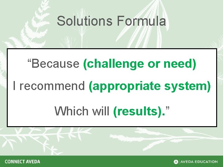 Solutions Formula “Because (challenge or need) I recommend (appropriate system) Which will (results). ”