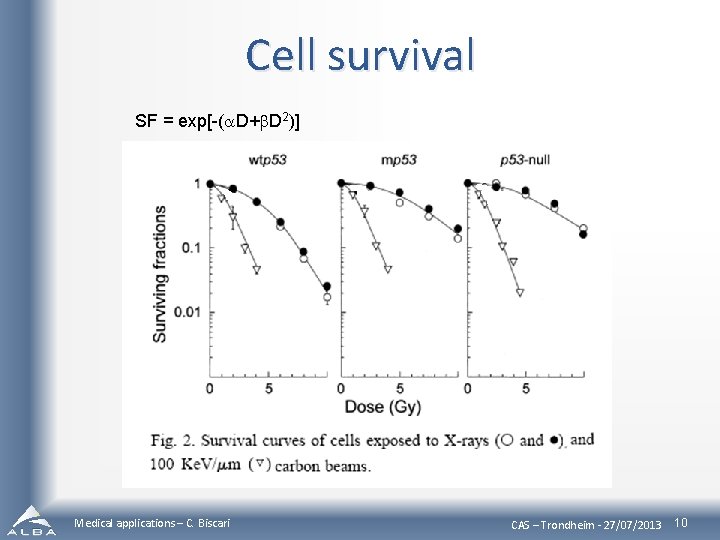 Cell survival SF = exp[-(a. D+b. D 2)] Medical applications – C. Biscari CAS