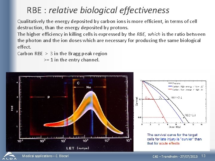 RBE : relative biological effectiveness Qualitatively the energy deposited by carbon ions is more