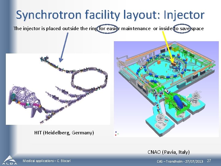 Synchrotron facility layout: Injector The injector is placed outside the ring for easier maintenance