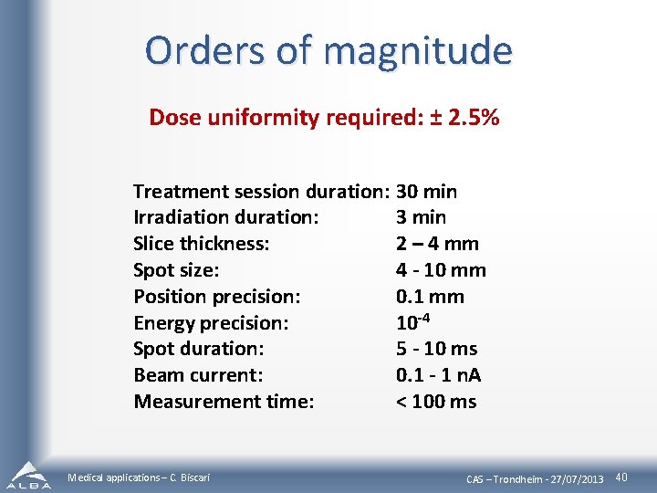 Orders of magnitude Dose uniformity required: ± 2. 5% Treatment session duration: 30 min