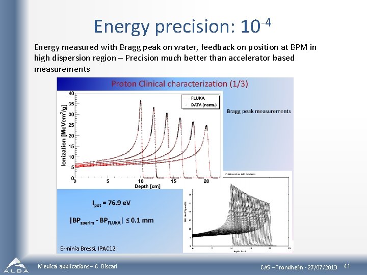 Energy precision: 10 -4 Energy measured with Bragg peak on water, feedback on position