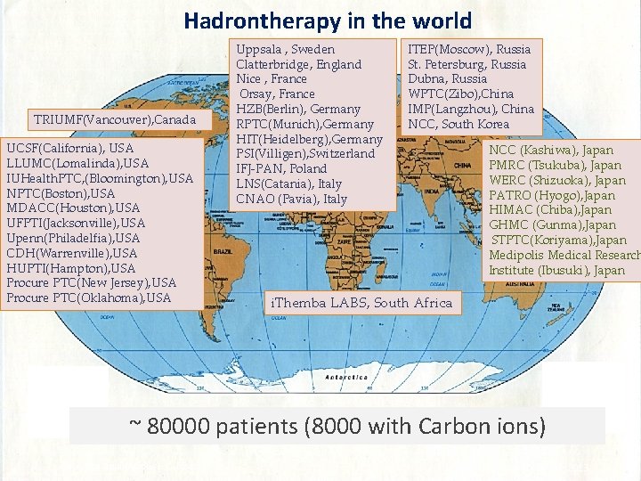 Hadrontherapy in the world TRIUMF(Vancouver), Canada UCSF(California), USA LLUMC(Lomalinda), USA IUHealth. PTC, (Bloomington), USA
