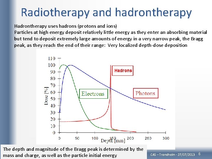 Radiotherapy and hadrontherapy Hadrontherapy uses hadrons (protons and ions) Particles at high energy deposit