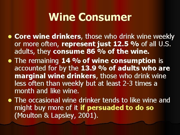 Wine Consumer Core wine drinkers, those who drink wine weekly or more often, represent