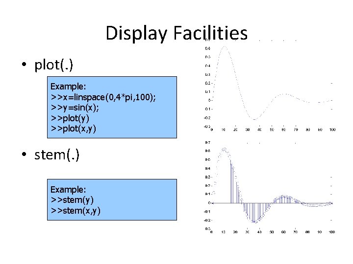 Display Facilities • plot(. ) Example: >>x=linspace(0, 4*pi, 100); >>y=sin(x); >>plot(y) >>plot(x, y) •