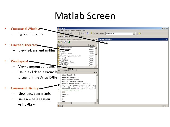 Matlab Screen • Command Window – type commands • Current Directory – View folders