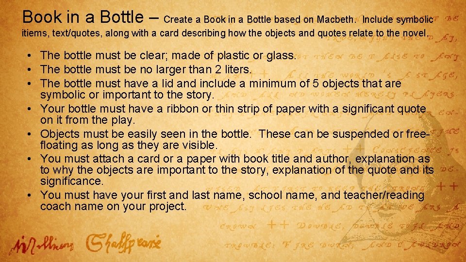 Book in a Bottle – Create a Book in a Bottle based on Macbeth.