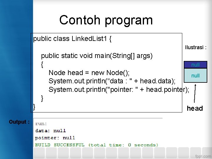 Contoh program public class Linked. List 1 { Ilustrasi : public static void main(String[]