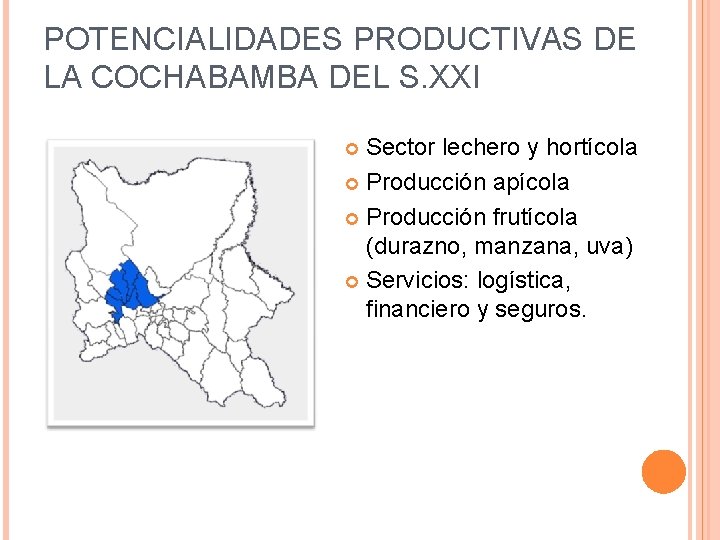 POTENCIALIDADES PRODUCTIVAS DE LA COCHABAMBA DEL S. XXI Sector lechero y hortícola Producción apícola