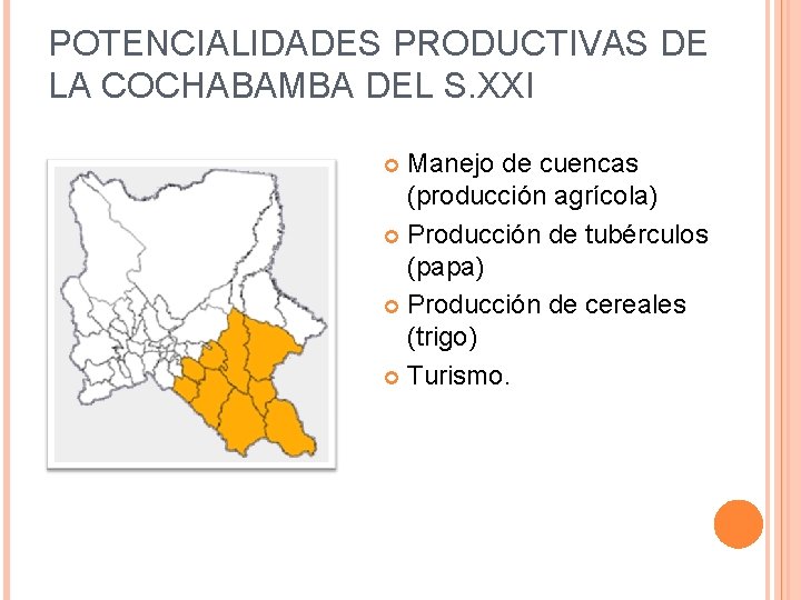 POTENCIALIDADES PRODUCTIVAS DE LA COCHABAMBA DEL S. XXI Manejo de cuencas (producción agrícola) Producción