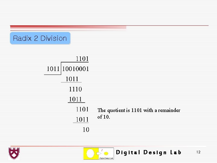 Radix 2 Division The quotient is 1101 with a remainder of 10. Digital Design