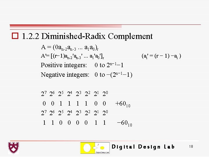 o 1. 2. 2 Diminished-Radix Complement A = (0 an-2 an-3. . . a