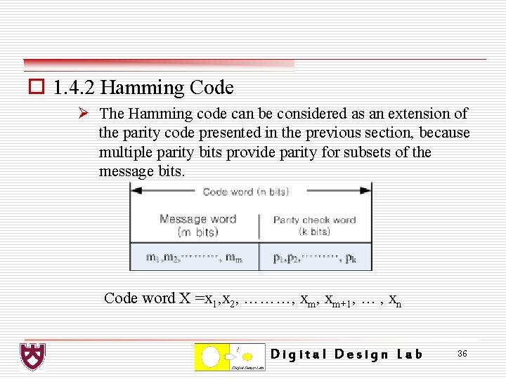 o 1. 4. 2 Hamming Code Ø The Hamming code can be considered as